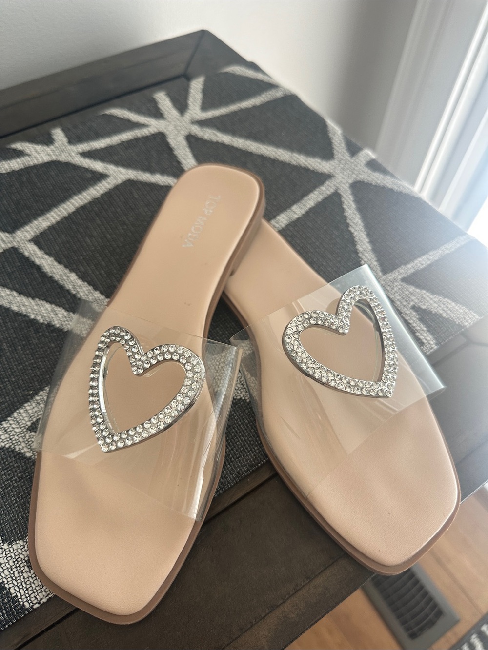 Clear Strap Nude Flats with Rhinestone Heart Accent
